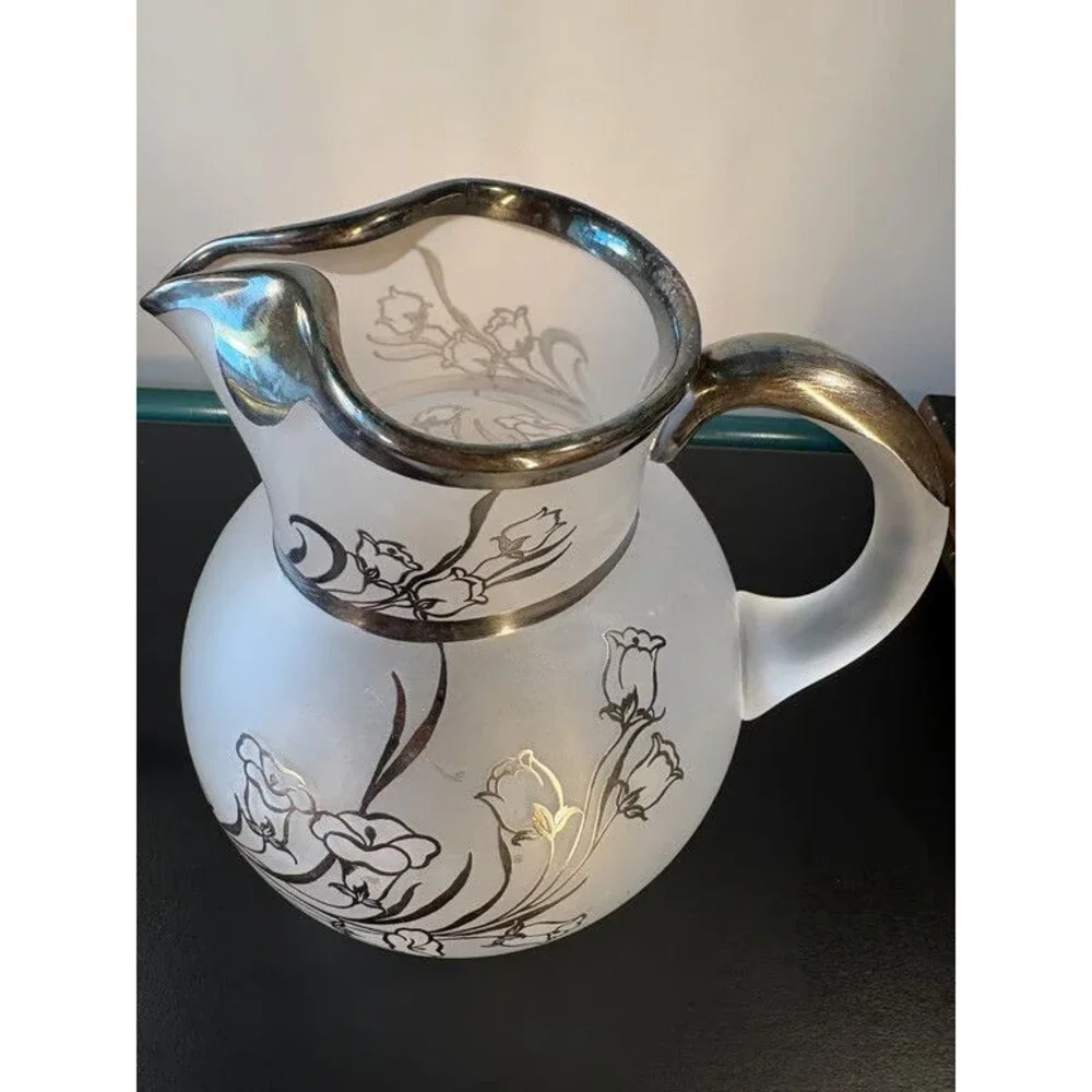 Frosted White Glass Pitcher Silver Overlay Floral Vintage